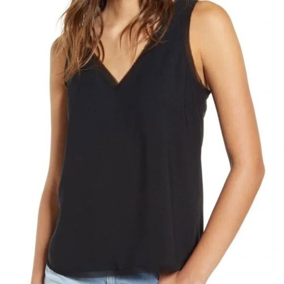 Halogen Tops - Halogen Raw Edge Black Tank Top with V-Neckline Front & Back Size S